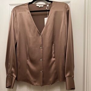 NWT Vince Silk Long Sleeve V-neck Button Down Blouse, Taupe, size Small